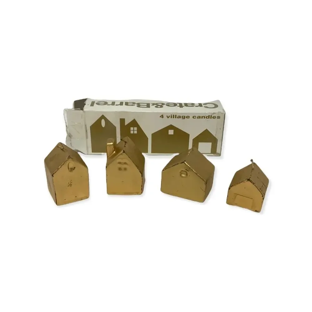 Crate & Barrel Vintage Gold Set of 4 Christmas Holiday Village Candles